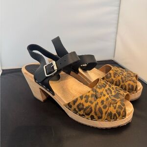 Lotta From Stockholm Swedish Wooden Clogs Leopard Print Leather Size 38/ 7.5